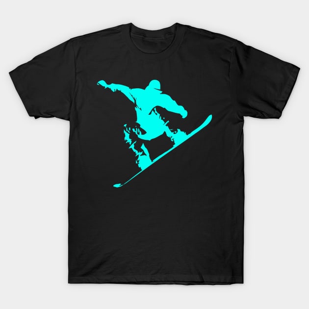 Snowboarding Neon Aqua on Black Abstract Snow Boarder T-Shirt by podartist